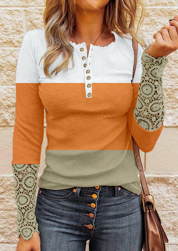 

Color Block Lace Splicing Hollow Out Button Blouse, Multicolor, SCM020149