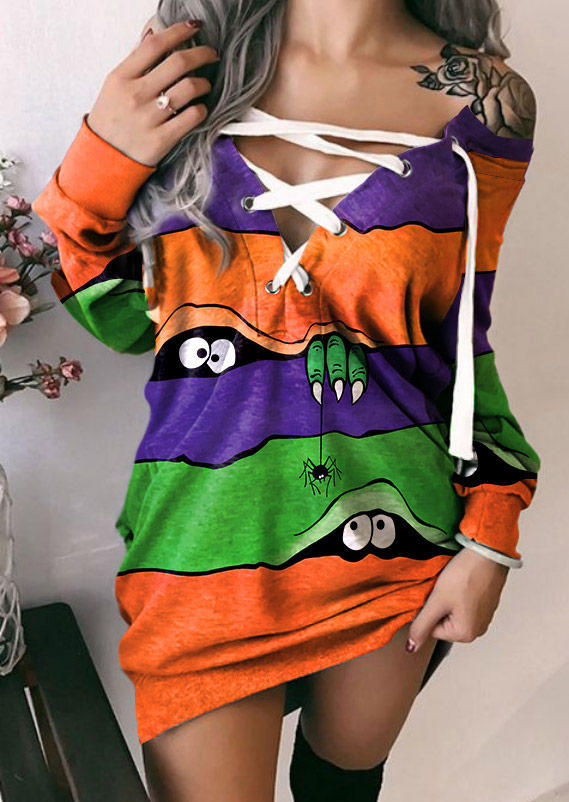 

Peeping Eyes Spider Color-Blocked Lace Up Sweatshirt Dress, Multicolor, SCM020204