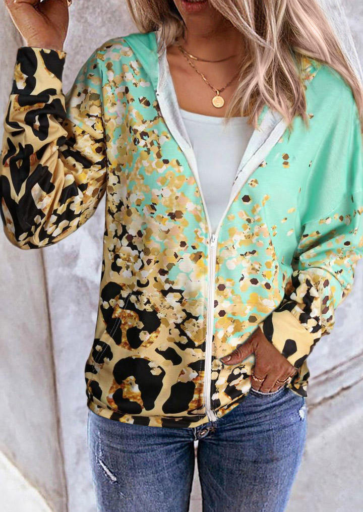 

Leopard Kangaroo Pocket Zipper Hoodie - Green, SCM020031