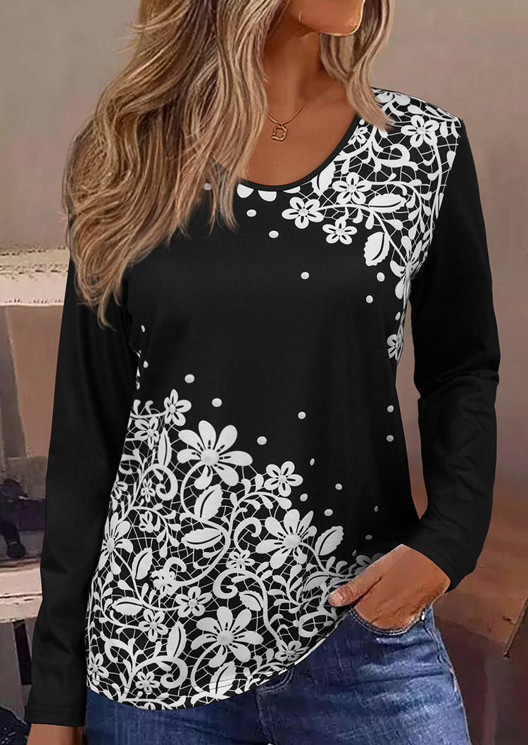 

Floral Lace Graphic Long Sleeve Blouse, Multicolor, SCM020045
