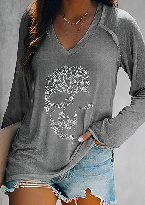 Halloween Skull Rhinestone V-Neck Long Sleeve Blouse - Gray