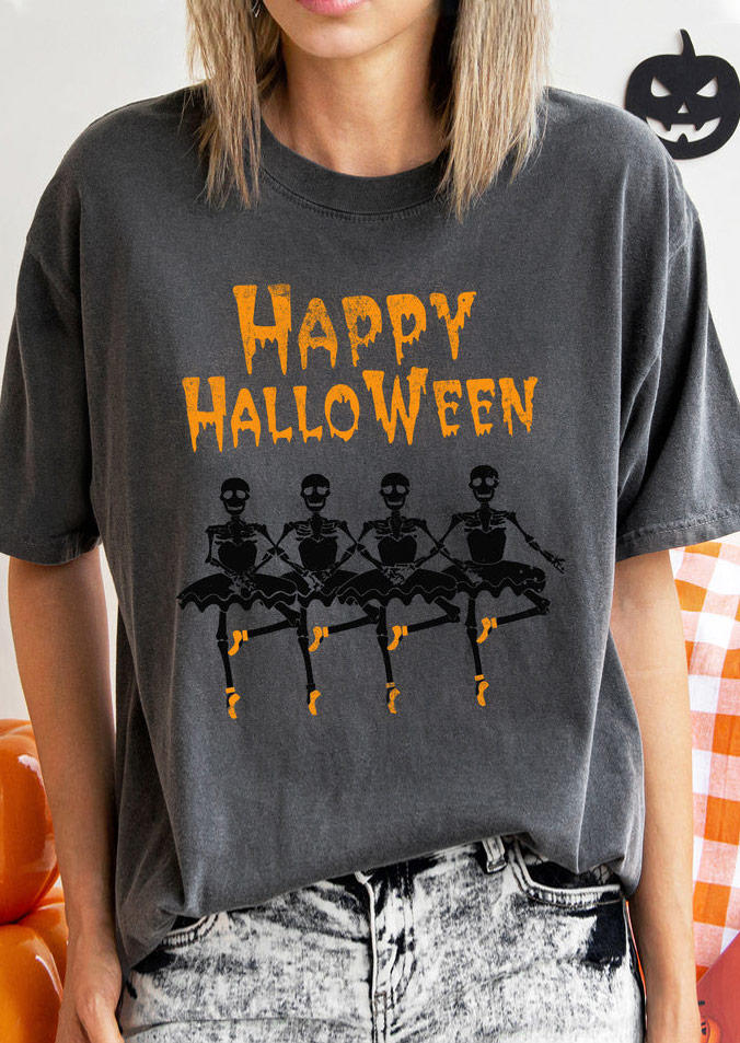 

Happy Halloween Skeleton O-Neck T-Shirt Tee - Dark Grey, Gray, SCM020054