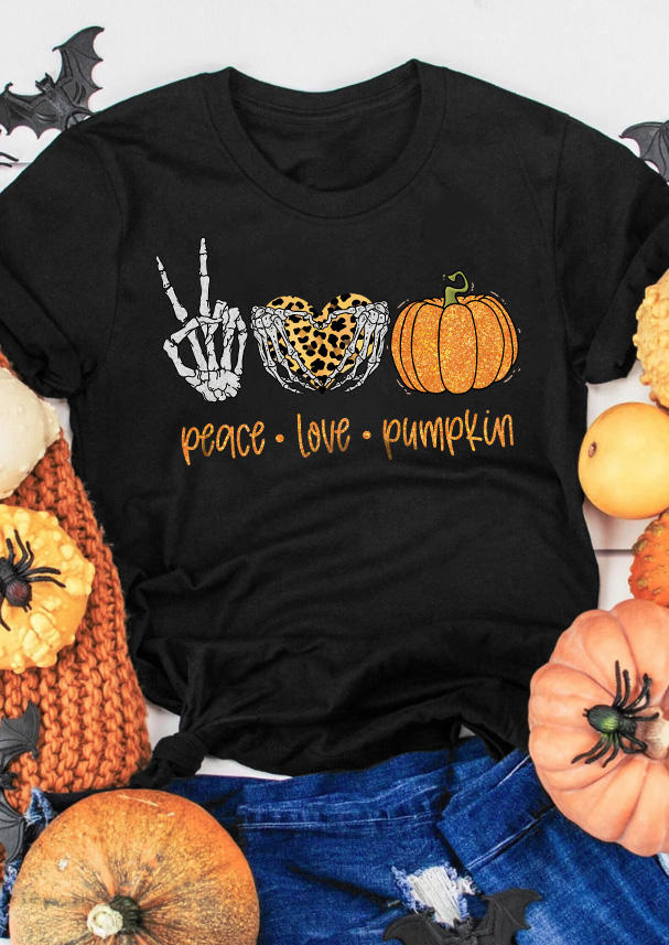 

Peace Love Pumpkin Skeleton Hand Leopard T-Shirt Tee - Black, SCM020262