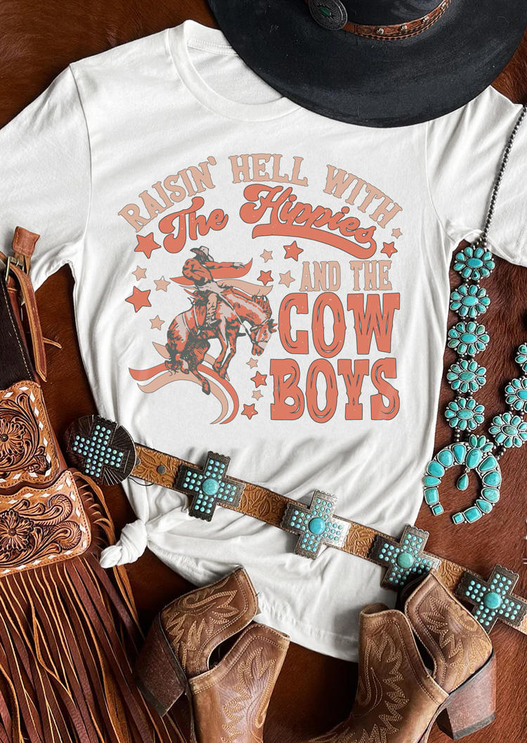 

Raising Hell With The Hippies And The Cowboys T-Shirt Tee - White, SCM020263