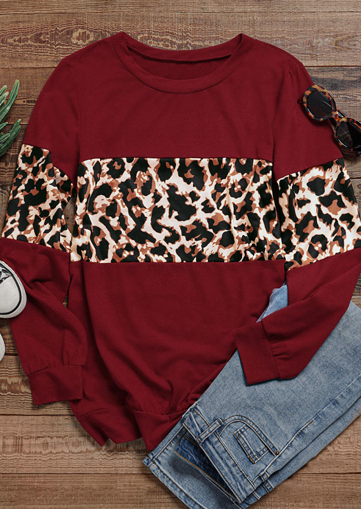Leopard Color Block Long Sleeve O-Neck Blouse - Red