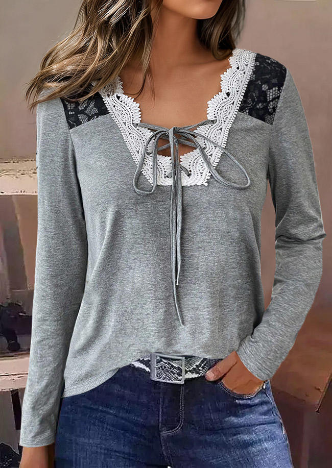 

Lace Splicing Tie Long Sleeve Blouse - Gray, SCM020325