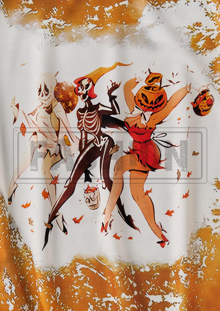 Skeleton Pumpkin Face Bleached Sweatshirt - Orange