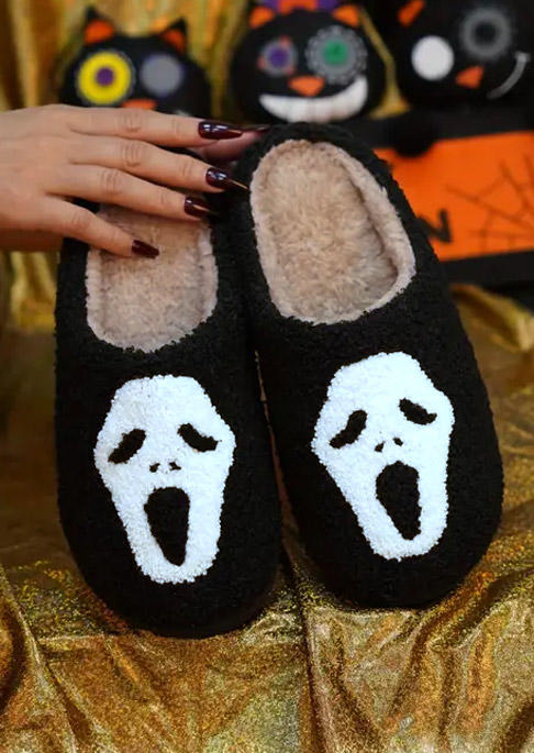 

Halloween Ghost Face Plush Flat Slippers - Black, SCM020014
