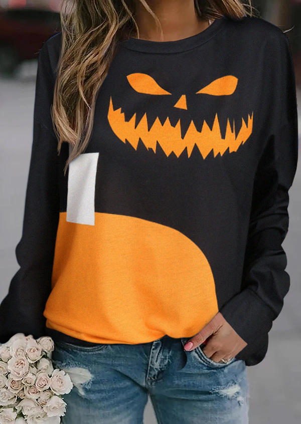 Pumpkin Face Color Block Sweatshirt - Black