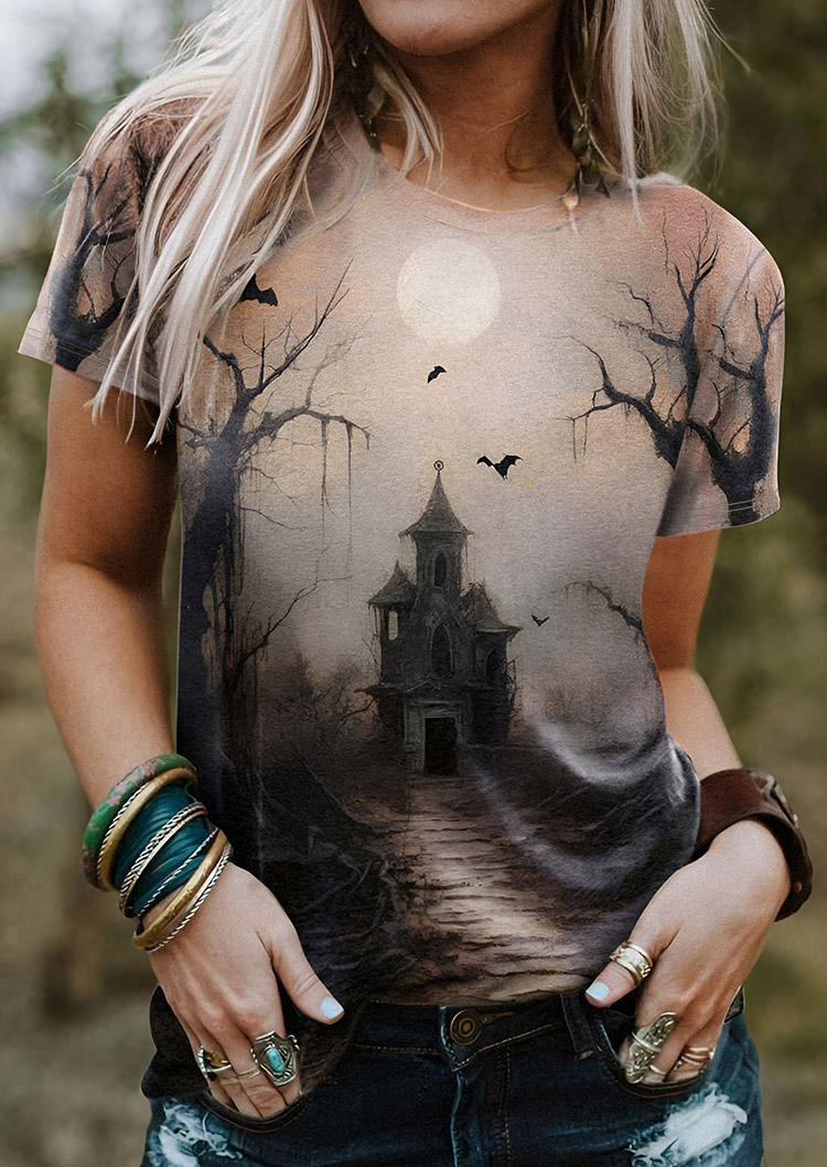 

Haunted House Bat O-Neck T-Shirt Tee, Multicolor, SCM020243