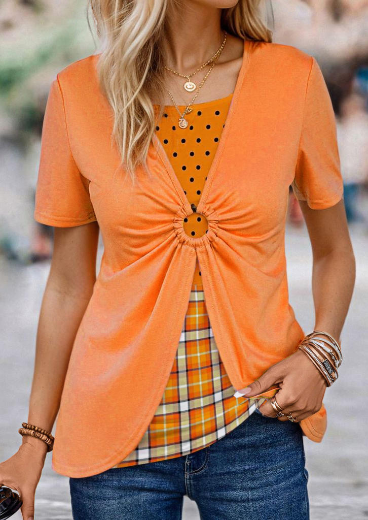 

Polka Dot Plaid Ruched Fake Two-Piece Blouse - Orange, SCM020244