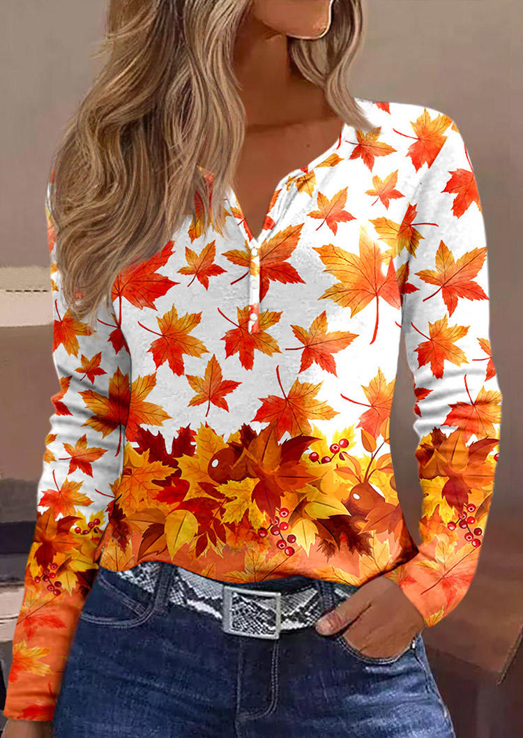 

Maple Leaf Button Long Sleeve Blouse, Multicolor, SCM020267