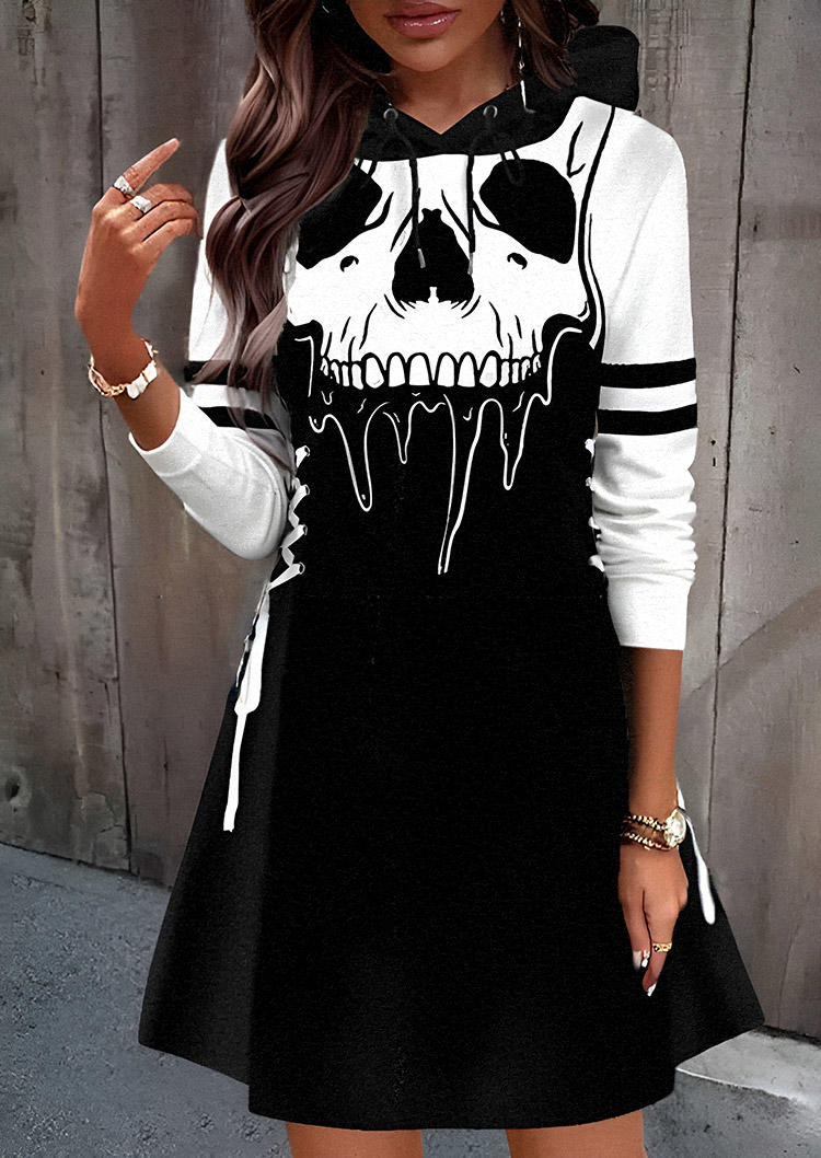 

Halloween Skull Color Block Lace Up Hooded Mini Dress, Multicolor, SCM020280