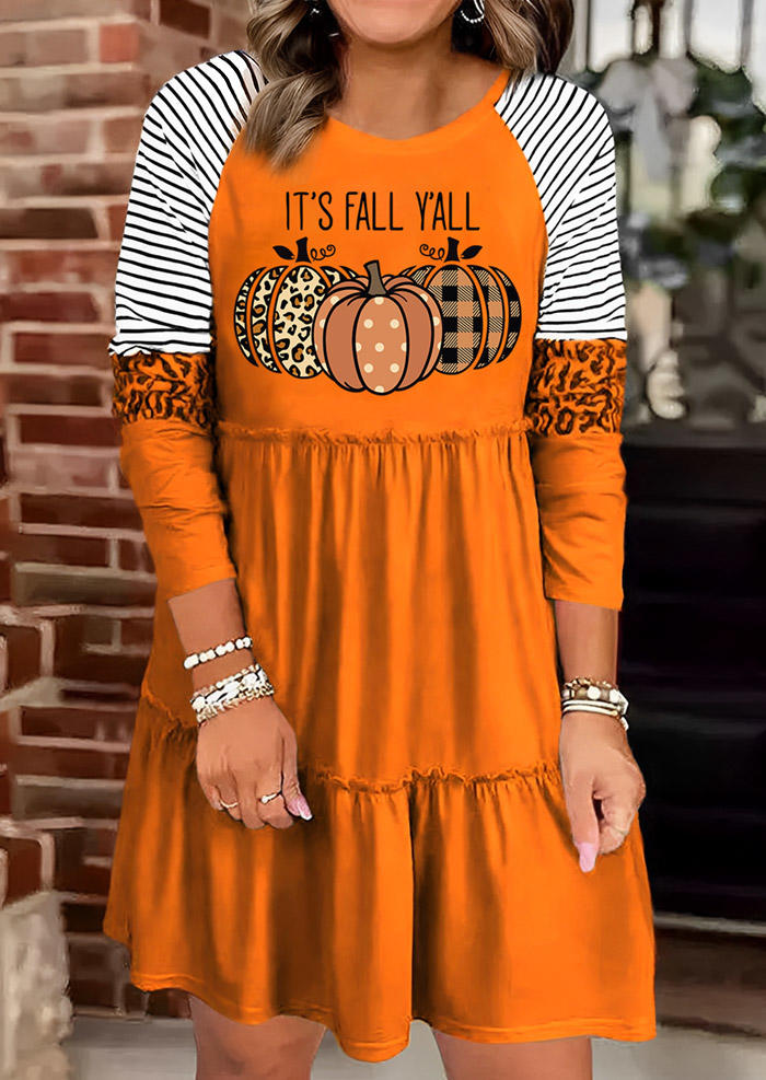 

It' Fall Y'all Leopard Plaid Dot Pumpkin Striped Mini Dress - Orange, SCM020344