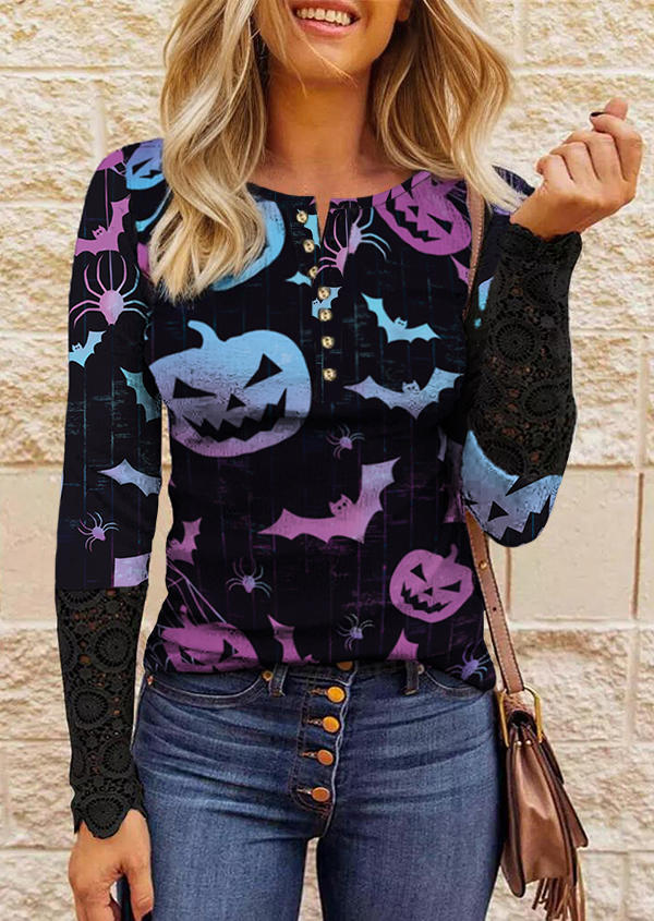 

Halloween Gradient Pumpkin Face Bat Spider Lace Blouse, Multicolor, SCM020437
