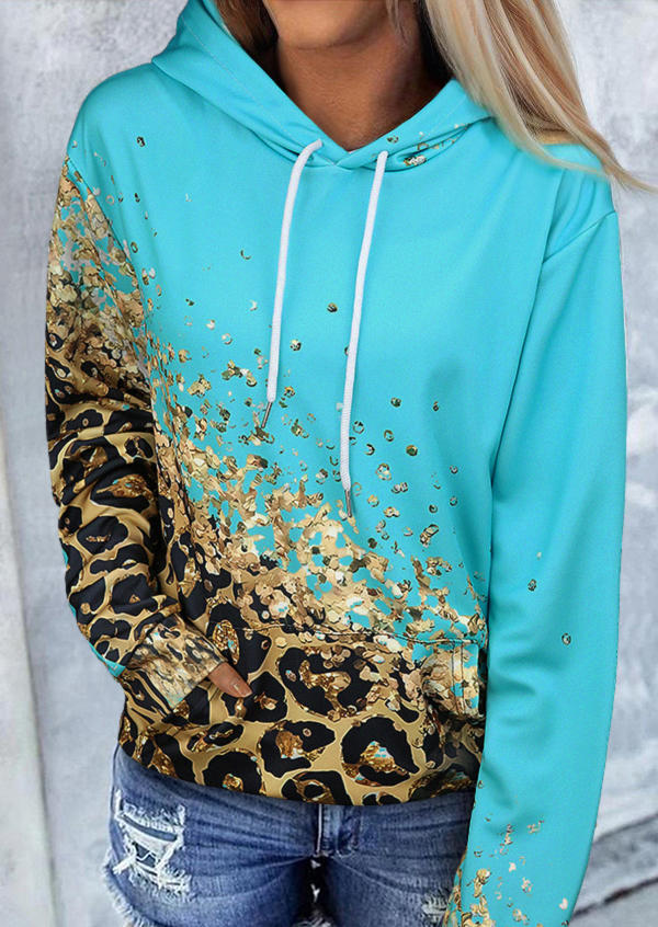 

Leopard Drawstring Kangaroo Pocket Hoodie, Multicolor, SCM020032