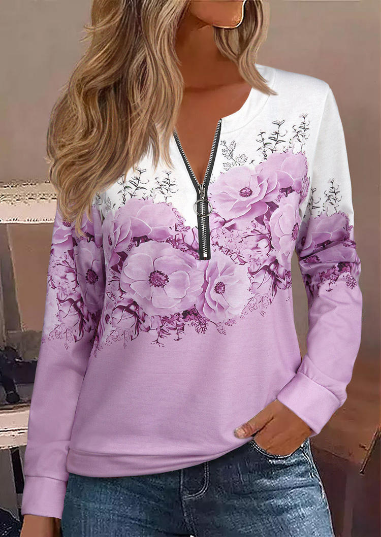 

Floral Zipper Pullover Sweatshirt - Purple, SCM020033
