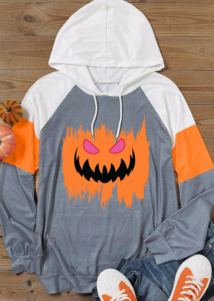 Halloween Pumpkin Face Color Block Drawstring Kangaroo Pocket Hoodie
