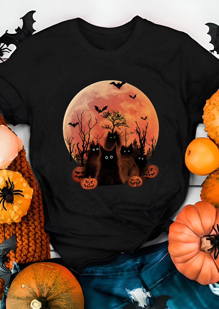 

Bat Cat Pumpkin Face Moon Silhouette T-Shirt Tee - Black, SCM020121