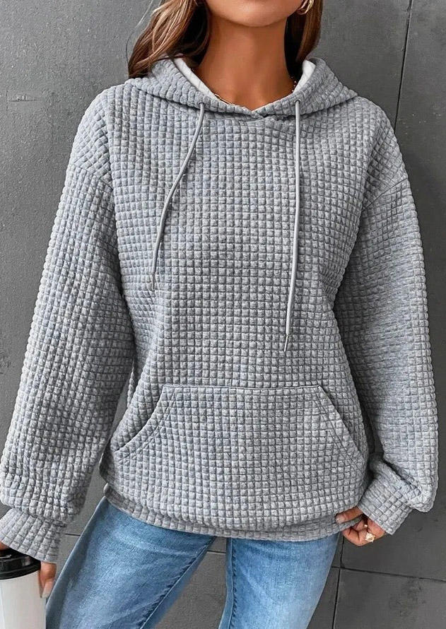 

Waffle Drawstring Kangaroo Pocket Hoodie - Gray, SCM020209