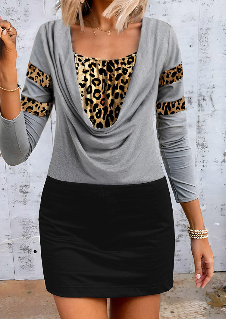 Leopard Fake Two-Piece Long Sleeve Mini Dress - Gray