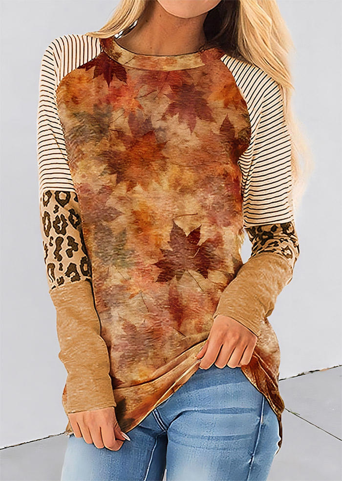 Maple Leaf Leopard Striped Raglan Sleeve Blouse