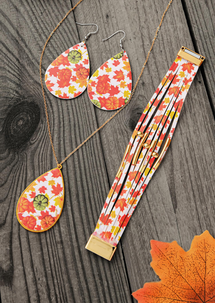 

3Pcs Maple Leaf Pumpkin Bracelet Necklace And Earrings Jewelry Set, Multicolor, SCM019856