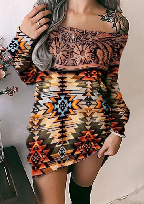 

Floral Aztec Geometric Off Shoulder Sweatshirt Dress, Multicolor, SCM019981