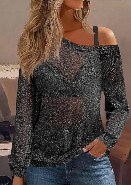 

Glitter One Sided Cold Shoulder Blouse - Black, SCM019994