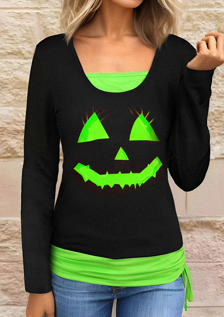 

Pumpkin Face Drawstring Fake Two-Piece Blouse - Black, SCM020119