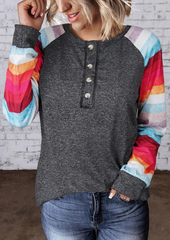 

Colorful Striped Button Raglan Sleeve Blouse - Dark Grey, Gray, SCM020255
