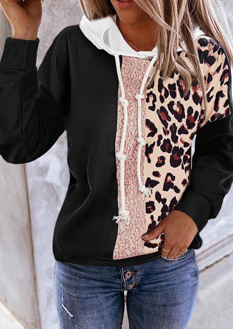 

Leopard Color Block Drawstring Hoodie, Multicolor, SCM020315