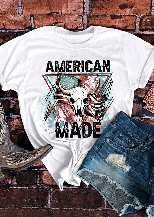 American Made Steer Skull Star O-Neck T-Shirt Tee - White, SCM020444