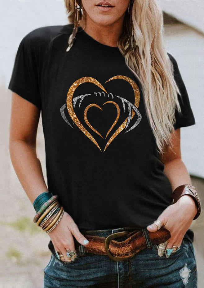 

Heart Glitter O-Neck T-Shirt Tee - Black, SCM020478