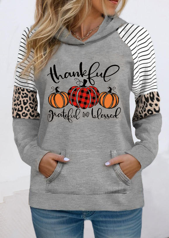 

Thanksgiving Thankful Grateful And Blessed Leopard Plaid Striped Pumpkin Hoodie, Multicolor, SCM020485