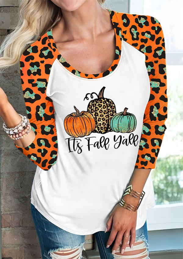 

It' Fall Y'all Leopard Pumpkin Raglan Sleeve T-Shirt Tee, Multicolor, SCM020050