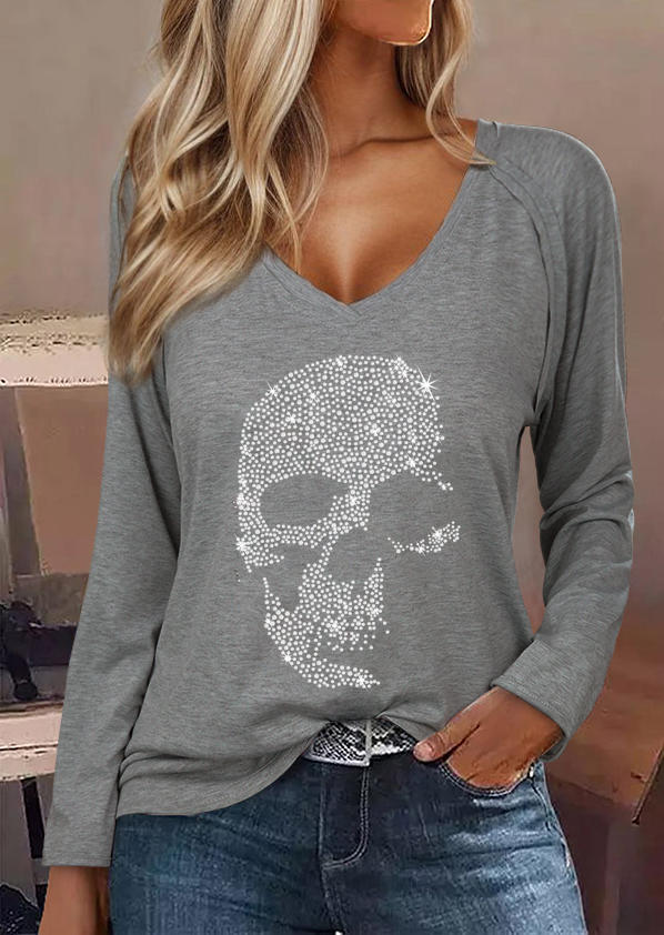 

Skull Rhinestone V-Neck Long Sleeve Blouse - Gray, SCM020051