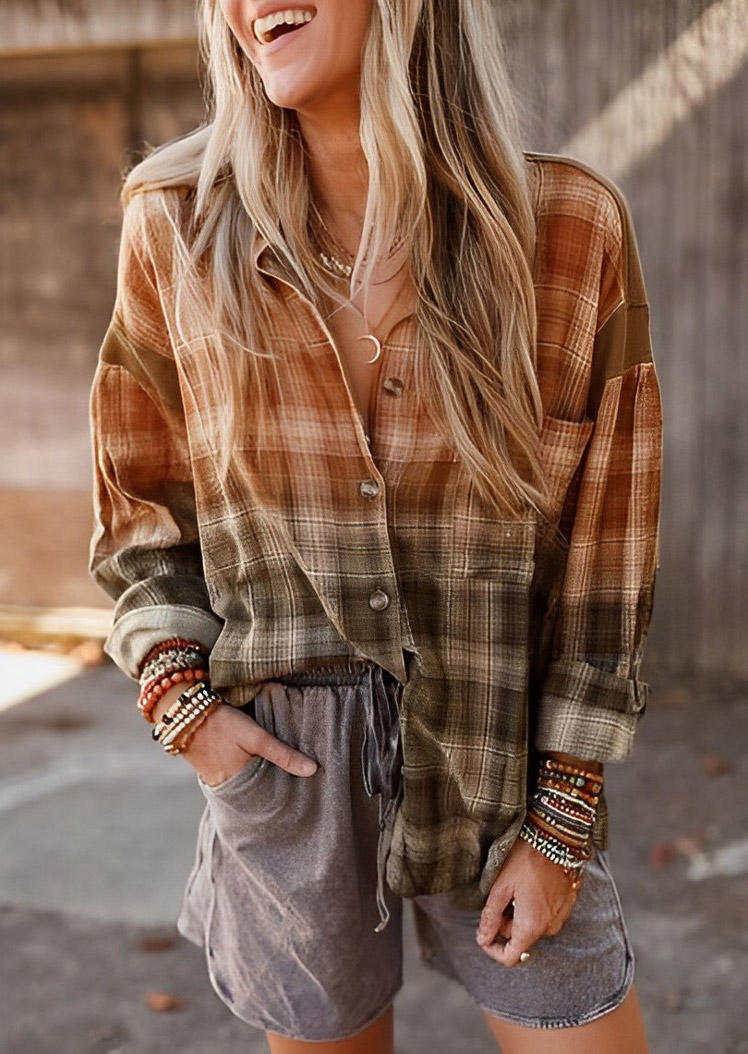 

Gradient Plaid Button Pocket Turn-Down Collar Shirt - Orange, SCM020214