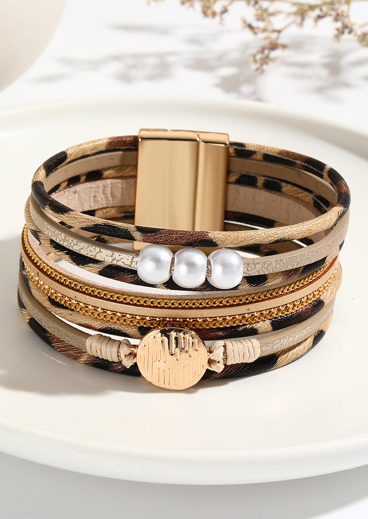 

Leopard Pearls Magnetic Buckle Bracelet, Khaki, SCM020454