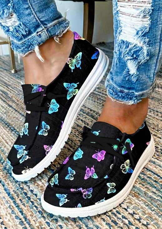 Gradient Butterfly Lace Up Round Toe Flat Sneakers