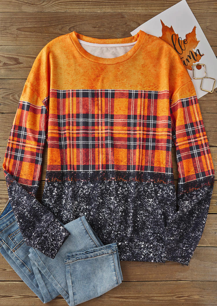 Plaid Color Block O-Neck Sweatshirt