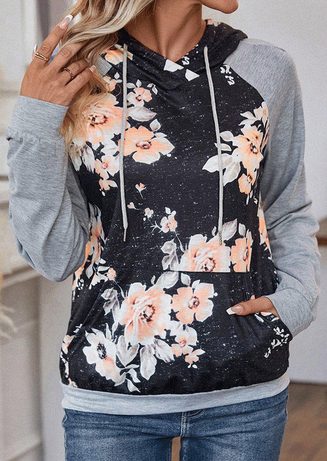 

Floral Drawstring Kangaroo Pocket Hoodie, Multicolor, SCM020376