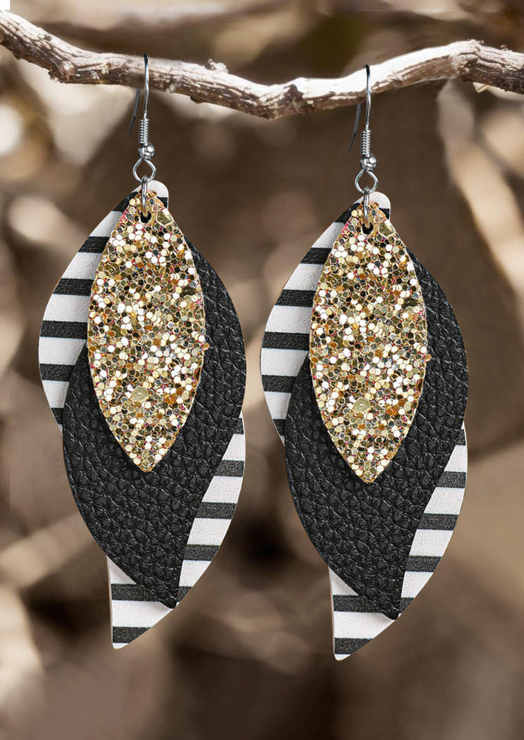 

Striped Glitter PU Leather Multi-Layered Earrings, Black, SCM020238