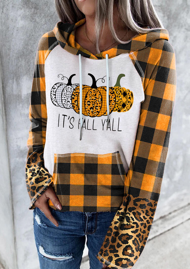 

It' Fall Y'all Leopard Plaid Pumpkin Kangaroo Pocket Hoodie, Multicolor, SCM020481