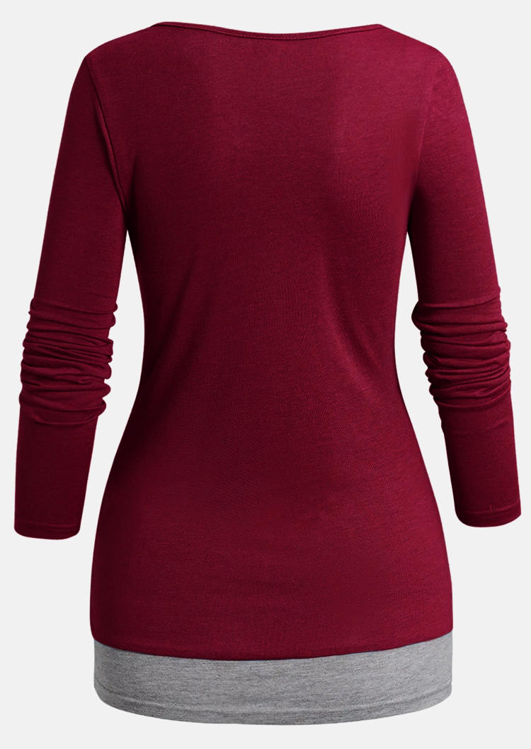 Color Block Ruched Button  Fake Two-Piece Blouse - Burgundy