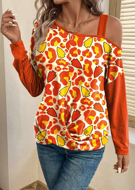 Leopard Twist One Sided Cold Shoulder Blouse - Orange