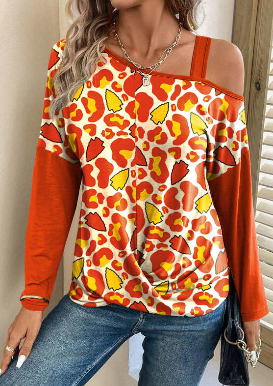 

Leopard Twist One Sided Cold Shoulder Blouse - Orange, SCM020579