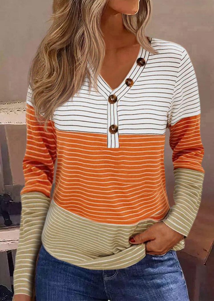 

Color Block Striped Button Long Sleeve Blouse, Multicolor, SCM005638