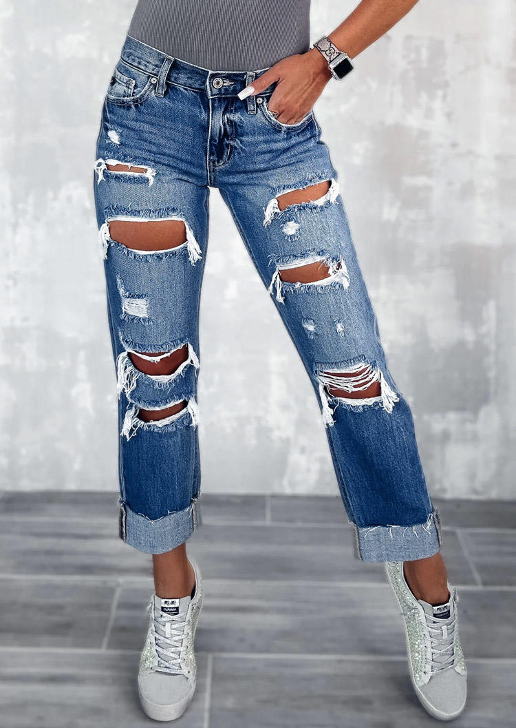 

Ripped Hole Frayed Denim Pants - Deep Blue, SCM019116