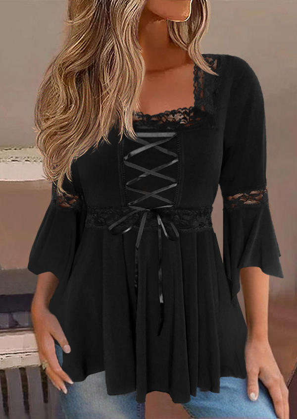

Lace Splicing Ruffled Asymmetric Hem Blouse - Black, SCM019739